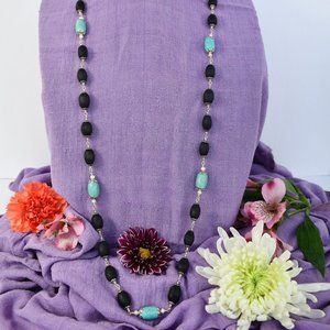 43  1/4" black Tulasi with turquoise (gemstone for Venus) and pearl (gemstone fo